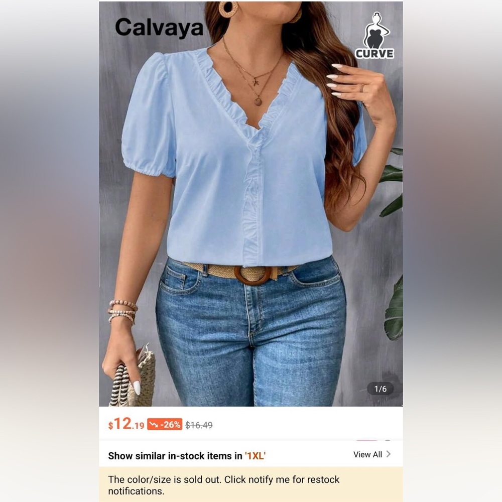 SHEIN Sky Blue Ruffle V-Neck Blouse